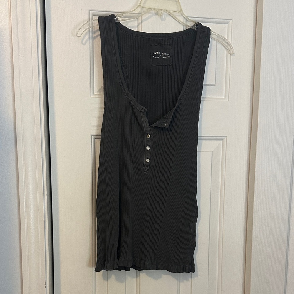 aerie Dark Gray Ribbed Henley Tank
